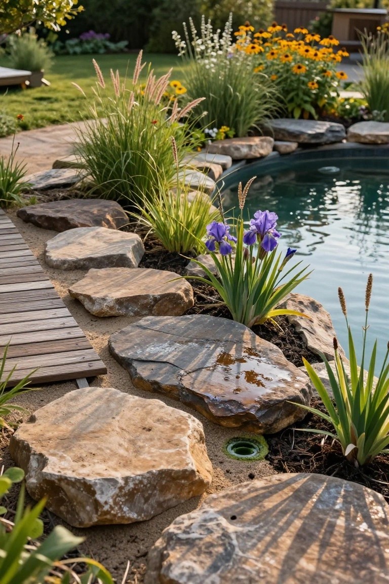 Pool edge with large irregular natural stone slabs, wooden boardwalk path, purple iris flowers, tall pink ornamental grasses, and other perennials planted in mulch beds beside dark green pool water.