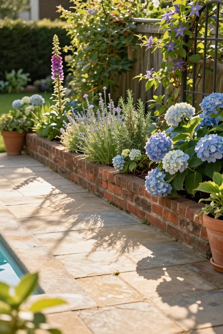 Raised brick garden beds filled with blooming blue hydrangeas, pink foxgloves, lavender, and rosemary along a stone-paved path next to a swimming pool.