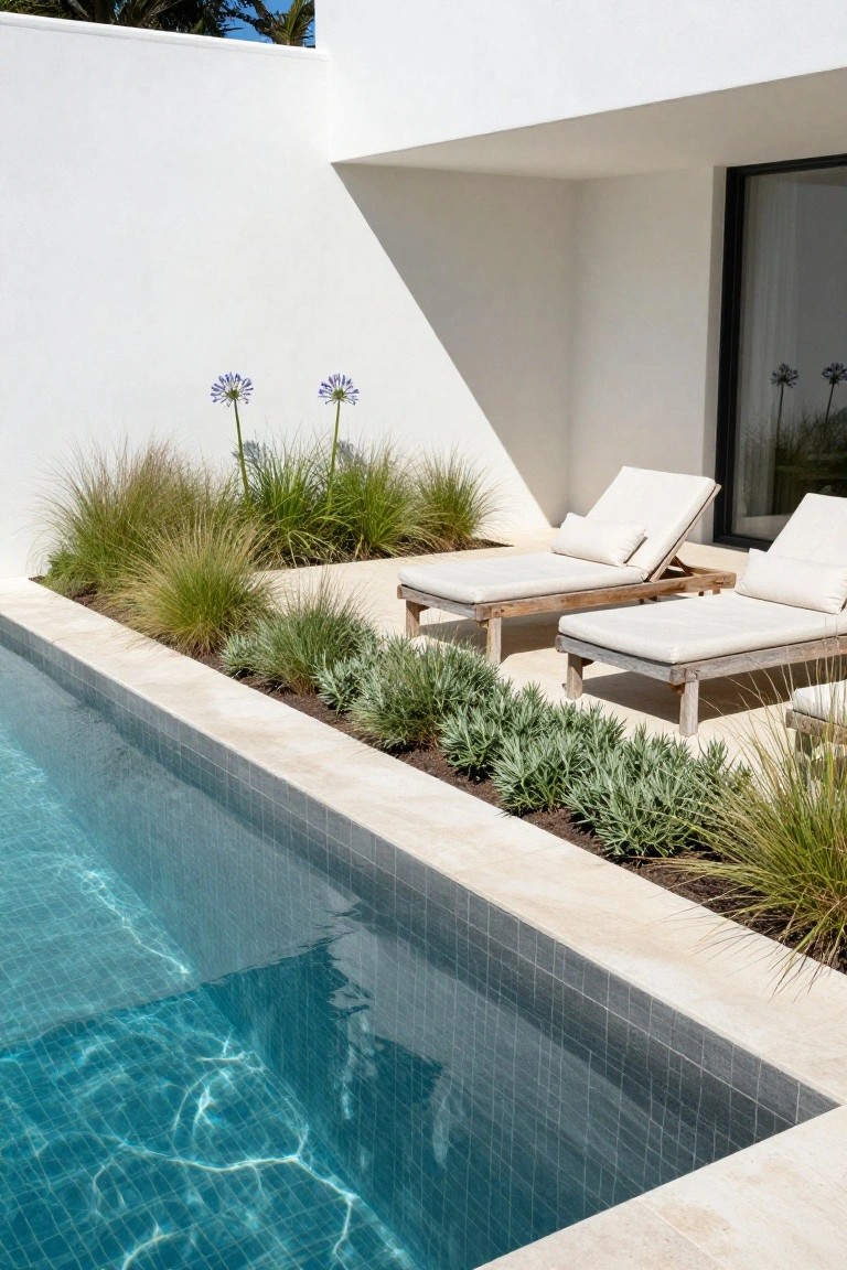 Pool edge with beige stone coping and blue mosaic tiles, bordered by planting beds of tall ornamental grasses, purple agapanthus flowers, and low silver-leafed shrubs, wooden loungers nearby against white walls.