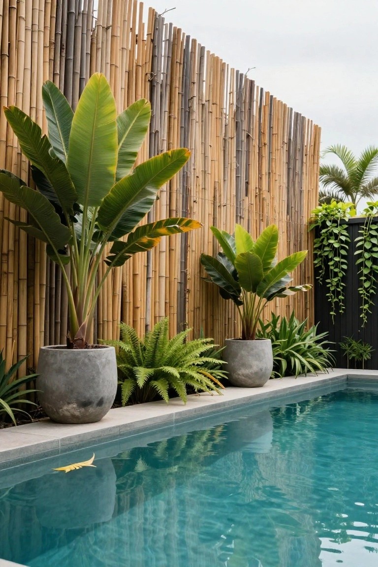 Turquoise lap pool with gray concrete pots holding tall bird of paradise plants backed by bamboo fencing, ferns and low greenery along the edge.