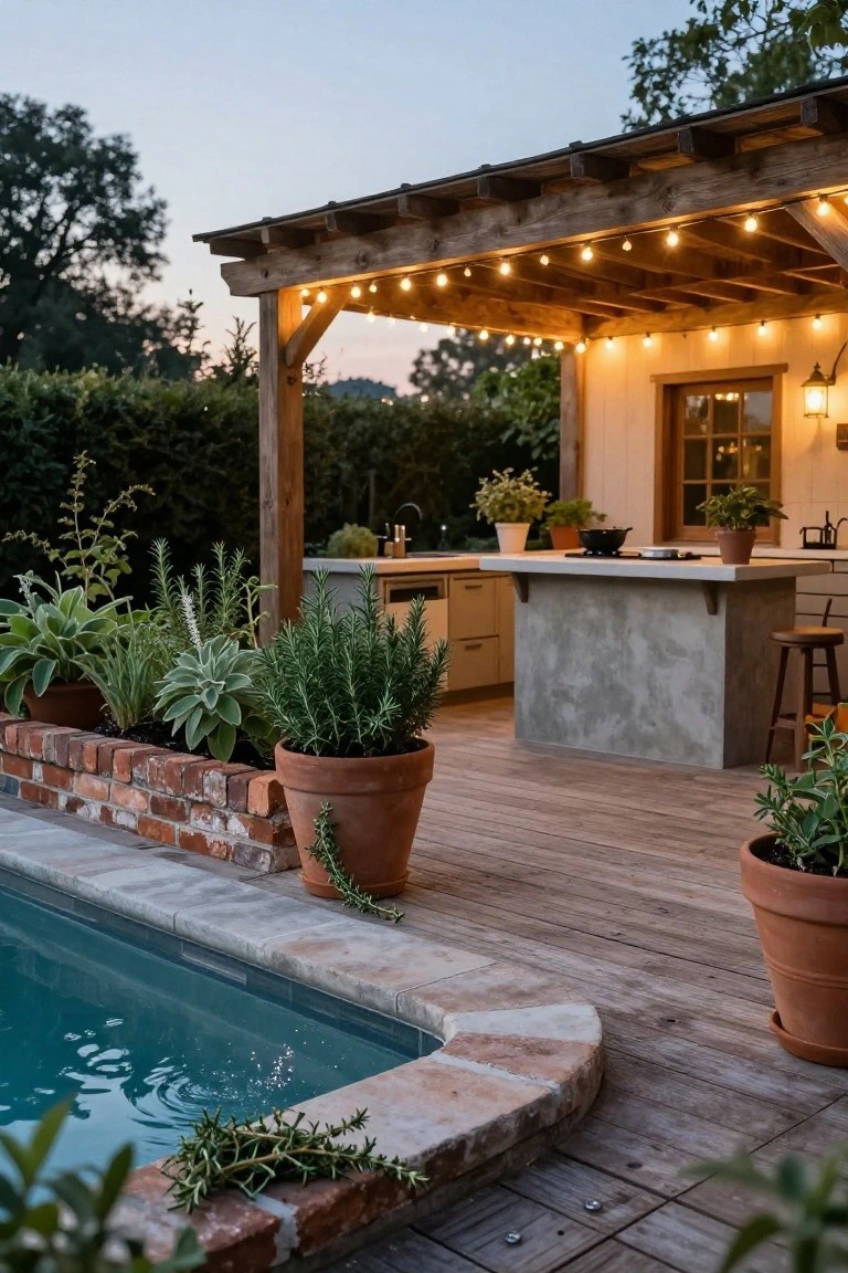 Wooden pergola with string lights over an outdoor kitchen and bar beside a pool, with large terracotta pots of rosemary and other plants along the deck and brick edging.