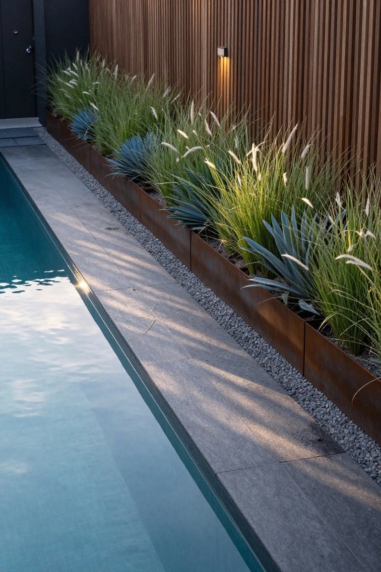 Pool edge with dark gravel, Corten steel planters holding blue agave and tall ornamental grasses, wooden slat fence behind, and pool water visible.