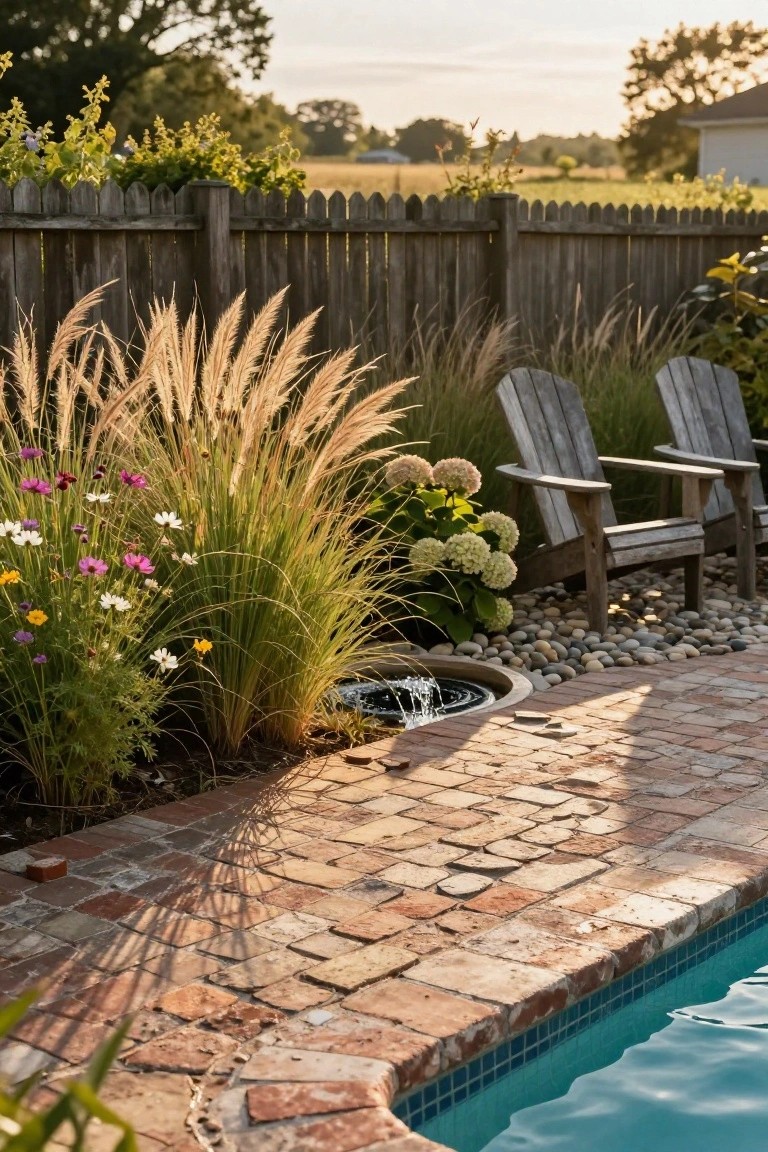 Pool edge with brick paver walkway bordered by tall feathery ornamental grasses, pink and white perennials, hydrangea blooms, two wooden Adirondack chairs, pebble-surrounded fountain, wooden fence, and distant fields at sunset.