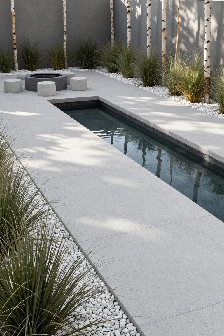 Narrow rectangular pool with light gray concrete decking, bordered by tall ornamental grasses and white pebble mulch beds, a round stone fire pit with four cylindrical stools nearby, and slender birch trees against a textured gray wall.