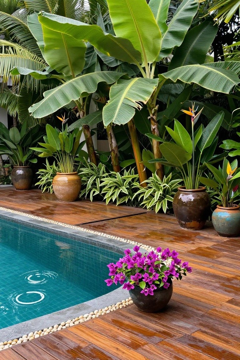 Turquoise pool with wet wooden deck edged in pebbles, surrounded by large potted banana trees, bird of paradise plants, various ferns and grasses in terracotta pots, and a black pot of purple bougainvillea flowers on the deck near the water.