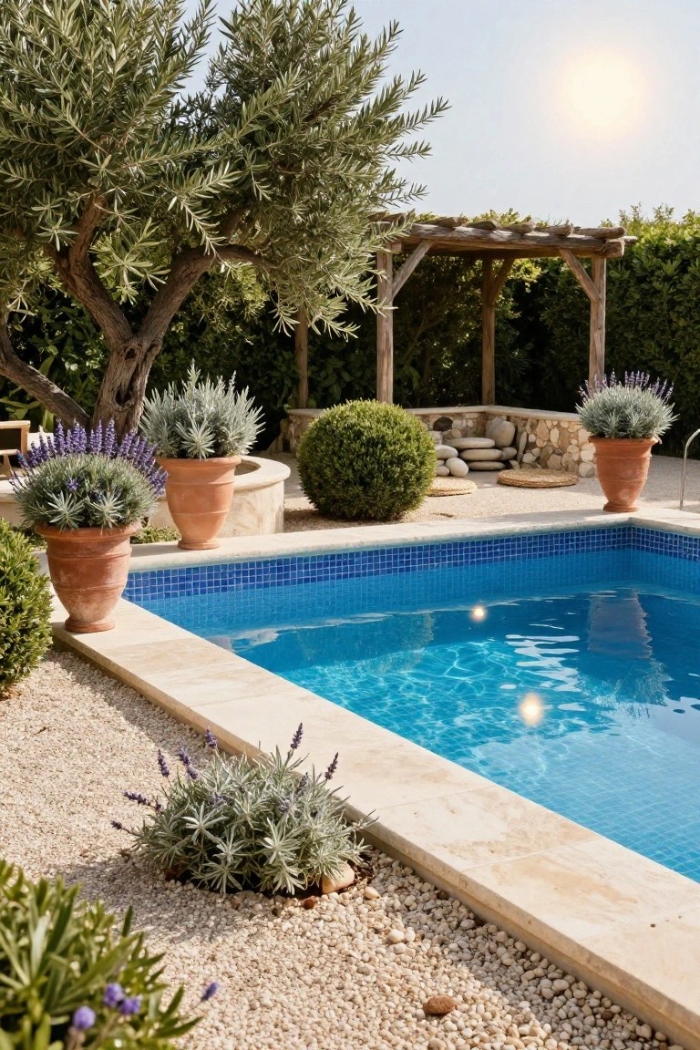 A rectangular blue-tiled pool edged in beige stone, surrounded by large terracotta pots of lavender and silver-leaf plants, gravel ground cover, olive trees, boxwood shrubs, and a wooden pergola nearby under sunny skies.
