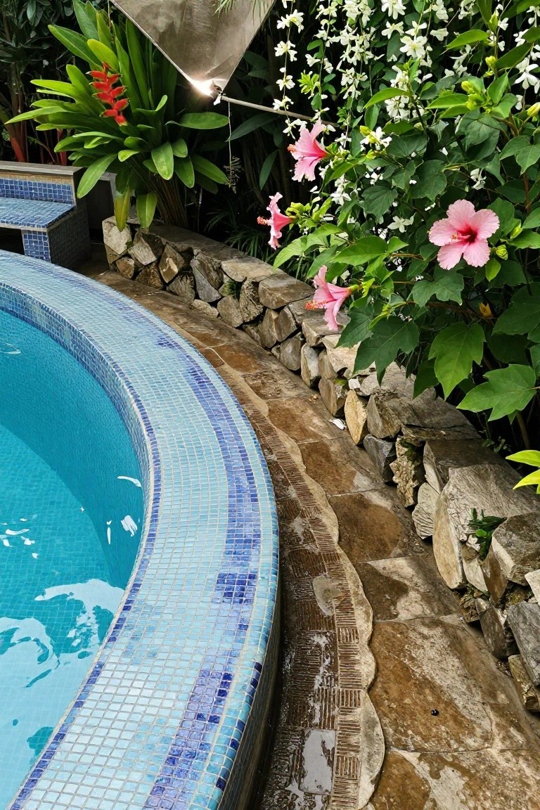 Curved edge of a blue mosaic-tiled swimming pool bordered by a dry-stacked stone wall with pink hibiscus flowers, red heliconia plants, white jasmine vines, and lush green tropical foliage.
