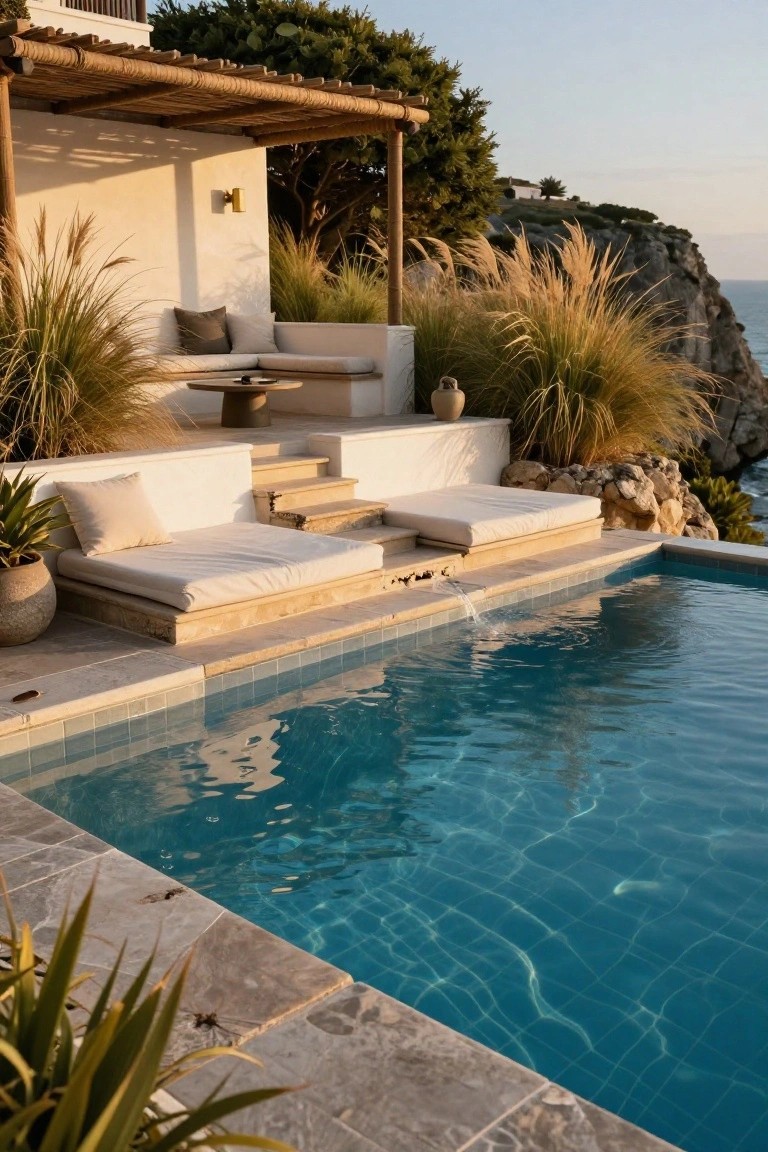 Cliffside infinity pool with white cushioned daybeds on stone platforms and steps, surrounded by pampas grass, overlooking the ocean at sunset.