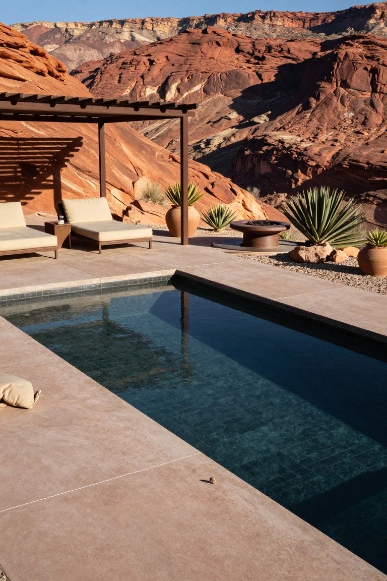 A rectangular infinity pool with dark mosaic tiles on a beige stone patio deck edged by lounge chairs, a side table, potted agave plants, a fire pit, and rocks, under a wooden pergola with red rock canyon cliffs rising in the background.