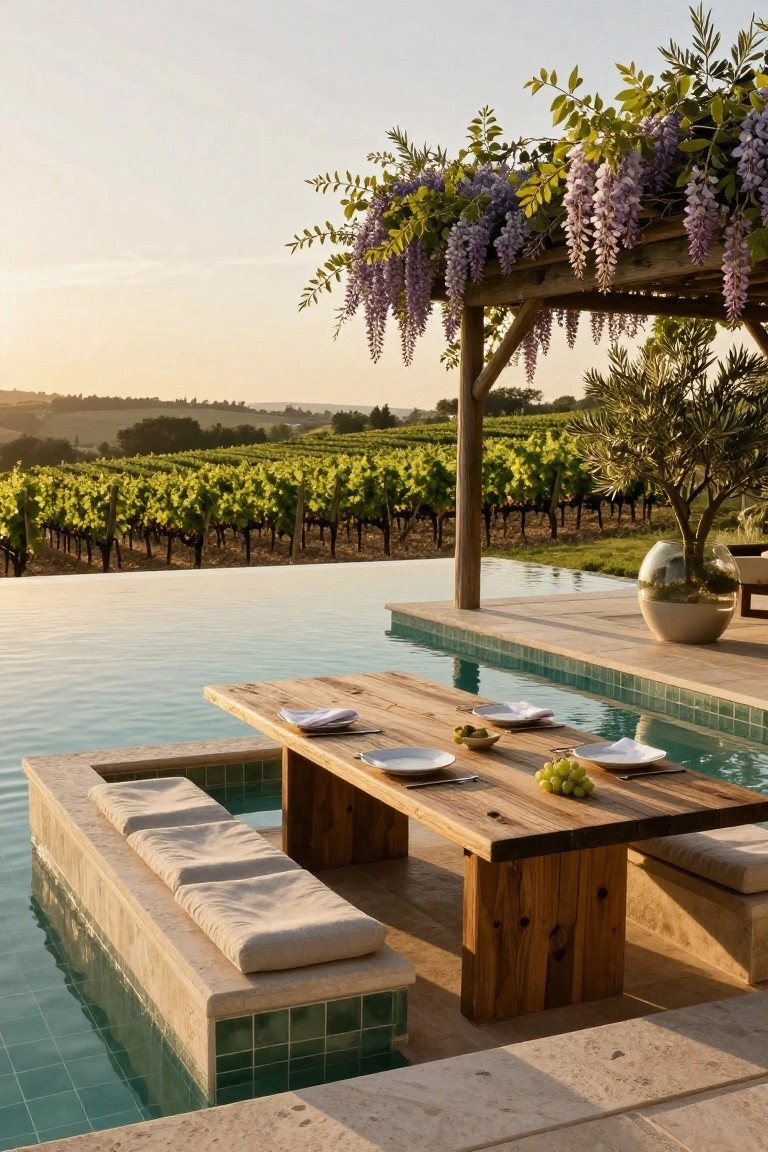 Infinity edge pool with wooden dining table and cushioned benches integrated into the pool ledge, shaded by wisteria pergola and olive tree, overlooking vineyard rows at sunset.