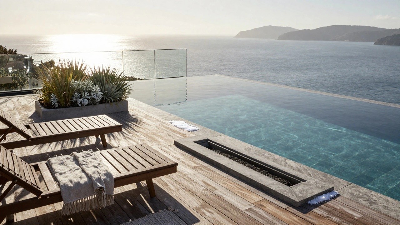 Infinity pool at the edge of a wooden deck terrace overlooking the ocean and distant islands, with lounge chairs draped in white towels, agave plants in concrete planters, and a glass railing.