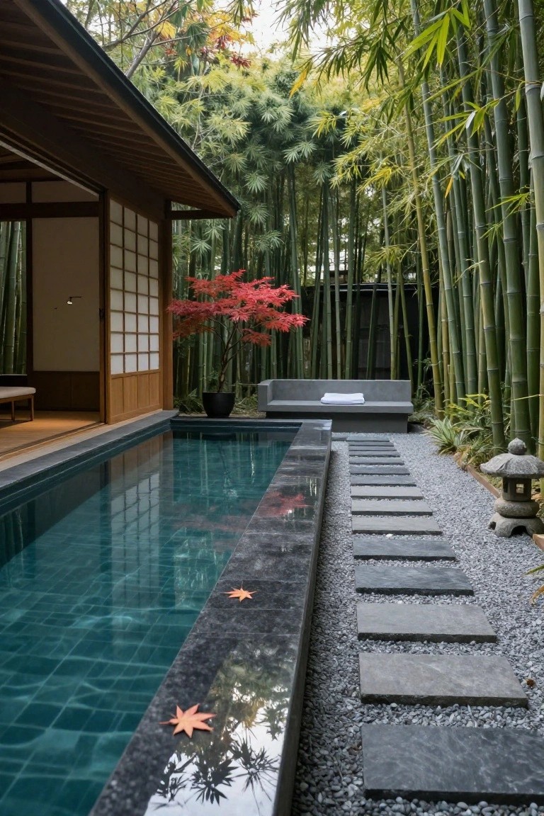 Narrow infinity-edge pool with black stone edging adjacent to a Japanese-style house with open shoji screens, concrete bench with white towel, stepping stone path in gravel, stone lantern, red Japanese maple tree, and dense bamboo grove in the background.