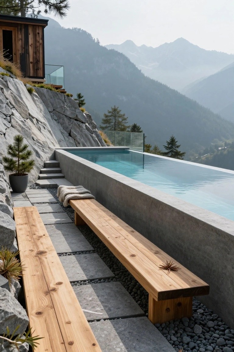 Infinity pool with clear blue water extending to a glass edge over a rocky cliffside, flanked by wooden benches on stone pavers amid pine trees and mountain peaks.