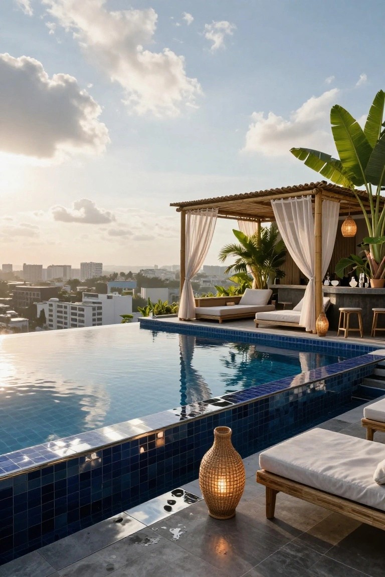 Rooftop infinity pool with blue mosaic tiles along the edge, bamboo pergola with sheer curtains and loungers nearby, potted plants, and city skyline view at dusk.