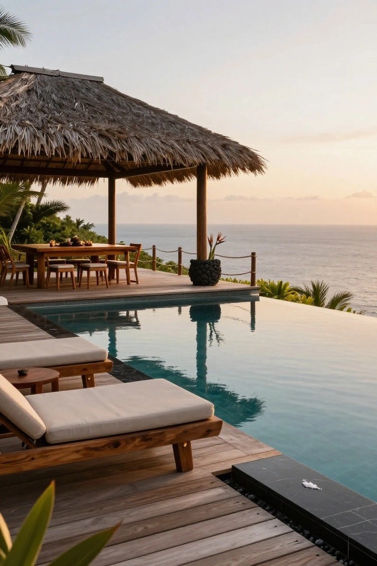 Wooden deck overhanging a cliff with infinity-edge pool, teak loungers and side table, dining table under thatched pavilion with tropical plants, overlooking ocean at dusk.