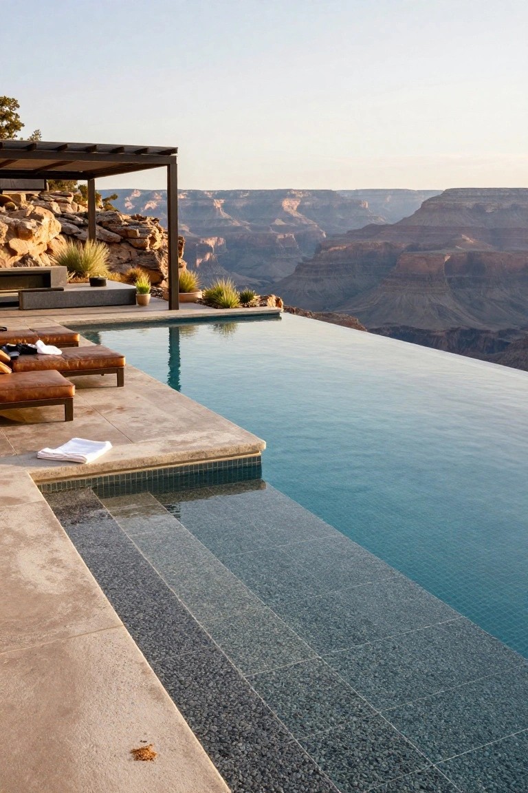 Infinity-edge pool with travertine deck, lounge chairs, towels, and steps on a terrace overlooking layered red rock canyons at sunset, with desert plants and a pergola nearby.