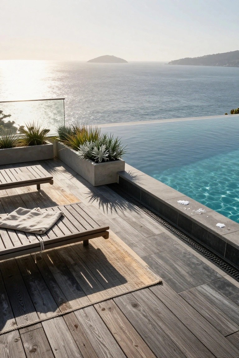 Infinity pool at the edge of a wooden deck terrace overlooking the ocean and distant islands, with lounge chairs draped in white towels, agave plants in concrete planters, and a glass railing.
