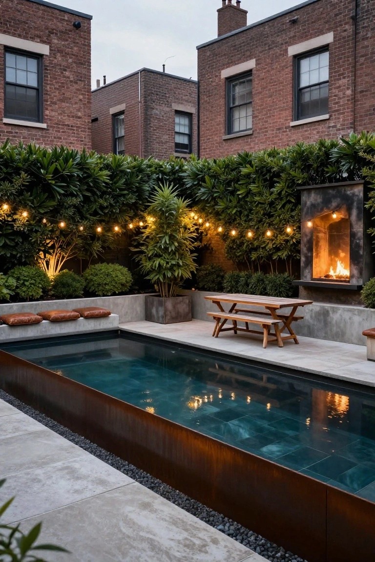 A narrow infinity-style pool with corten steel edging in a brick-walled courtyard, featuring a wooden picnic table, cushioned benches, wall-mounted fire feature, string lights, and surrounding greenery.