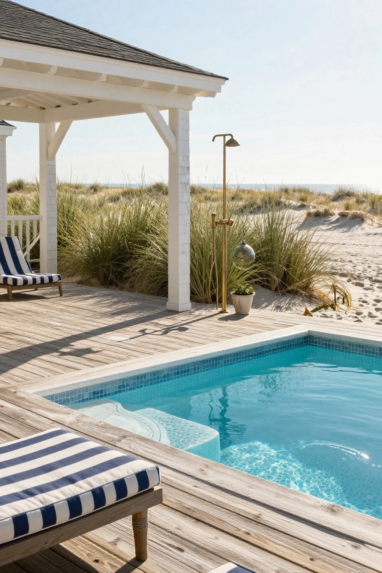 Wooden deck featuring a small turquoise-tiled infinity pool with steps, flanked by blue-and-white striped loungers, a gold freestanding outdoor shower with glass orb, beach dunes, and ocean view.