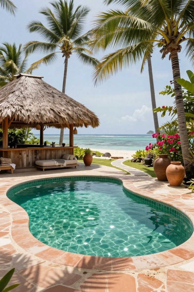 Curved green-tiled pool with terracotta surround next to a wooden bar under thatched roof, tropical plants and palms nearby, ocean view in background.