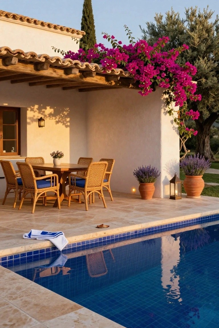 Outdoor dining table with wicker chairs on a tiled terrace under a bougainvillea-covered wooden pergola next to a blue-tiled infinity pool edge, with potted plants and lanterns nearby against a white stucco wall.