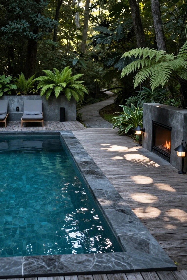 Turquoise-tiled infinity pool with dark stone coping on a wooden deck next to a lit concrete linear fireplace flanked by lanterns, with gray lounge chairs and lush tropical ferns in the background.