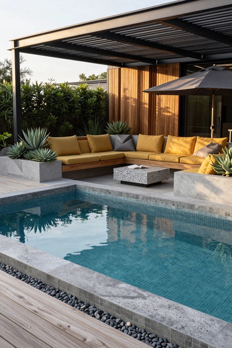Modern outdoor pool area with L-shaped wooden bench topped by yellow and gray cushions, concrete planters with agave plants, turquoise mosaic-tiled plunge pool, steel pergola overhead, and wooden deck flooring.