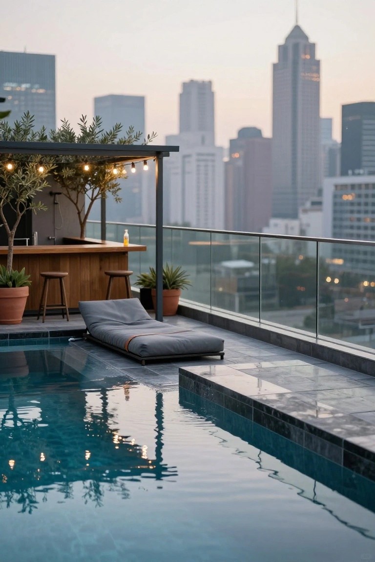 Rooftop terrace with infinity-edge pool, wooden bar and stools, potted plants, gray lounger chair, glass railing, and city skyline view at dusk under string lights.