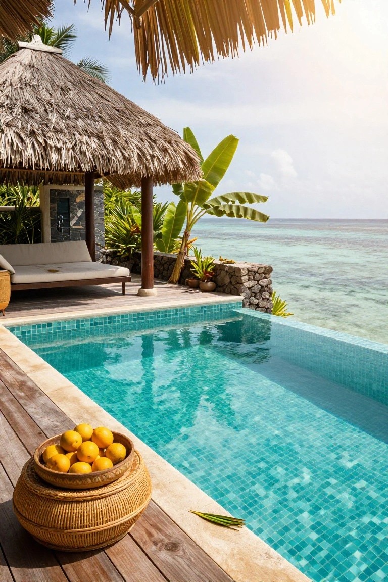 Wooden deck with turquoise tiled infinity pool at the edge, thatched roof pavilion holding a beige daybed, basket of lemons, tropical plants and stone wall, overlooking turquoise ocean.