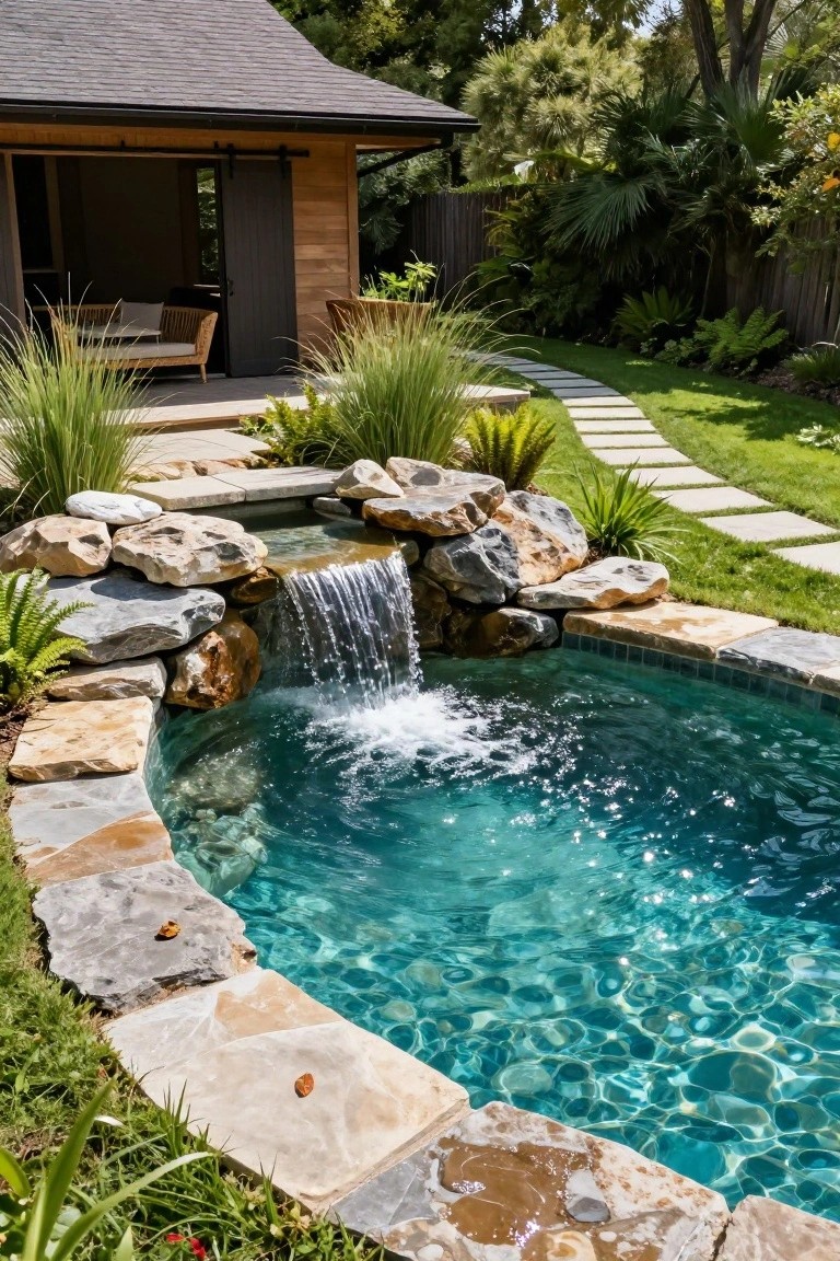 A small curved turquoise pool edged in natural flagstone and boulders features a waterfall cascading from stacked rocks, surrounded by tropical plants, a stone path, lush grass, and a nearby covered wooden seating structure.
