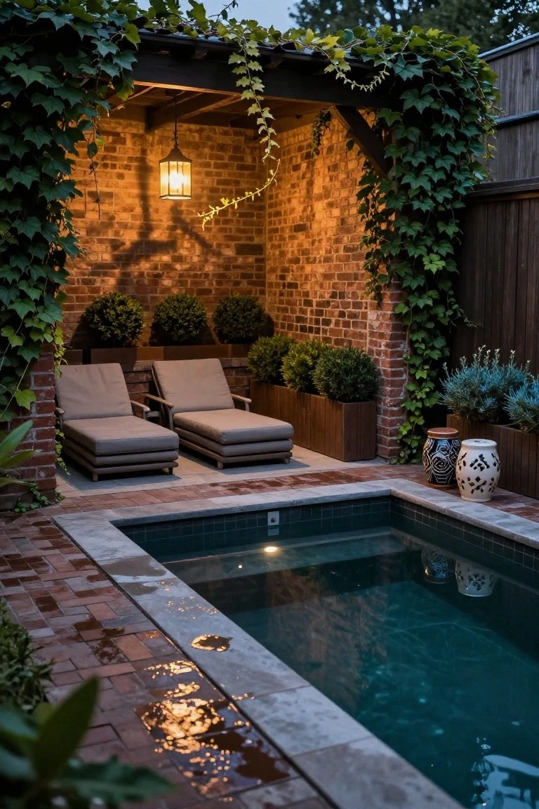 Small rectangular turquoise pool in brick-walled outdoor courtyard with ivy-covered pergola structure, two beige loungers, potted topiaries and plants, ceramic pots, and hanging lantern.
