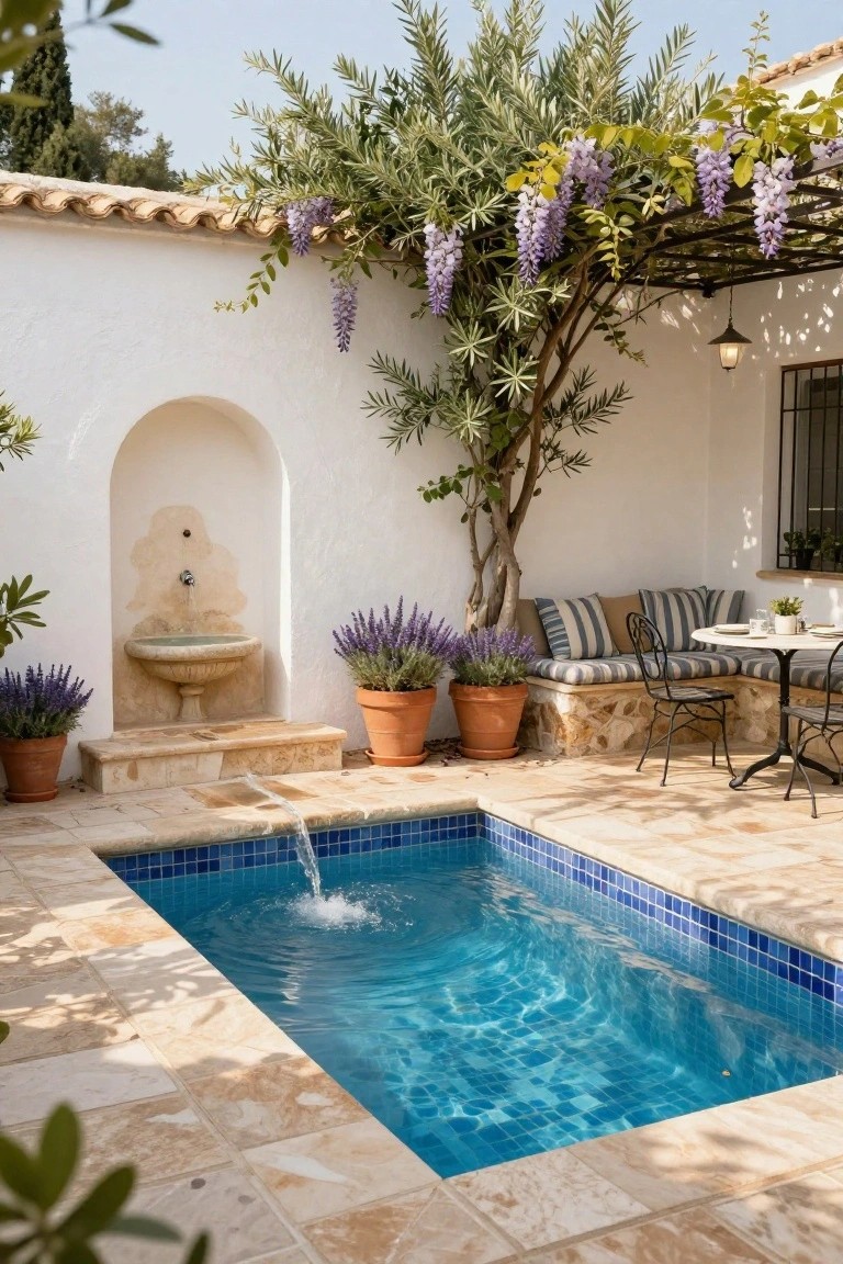 Small rectangular pool with blue tiles in a stone-paved courtyard, water cascading from a fountain in a white stucco arched wall niche, built-in cushioned bench seating, small table and chairs, potted lavender plants, olive tree, and wisteria-covered pergola.