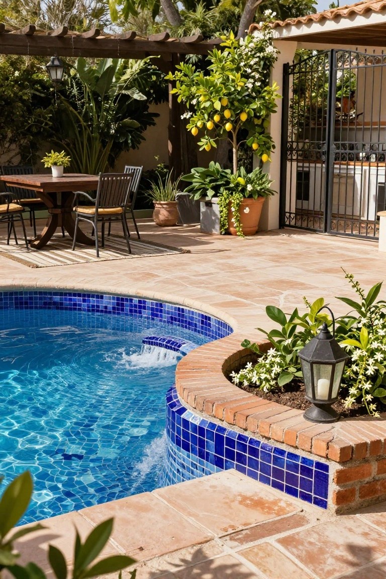 Curved inground swimming pool with blue mosaic tile interior and brick coping edged with plants, adjacent to terracotta tile patio with wooden dining table, chairs, potted plants, lemon tree, pergola, and gate to kitchen in a lush backyard.
