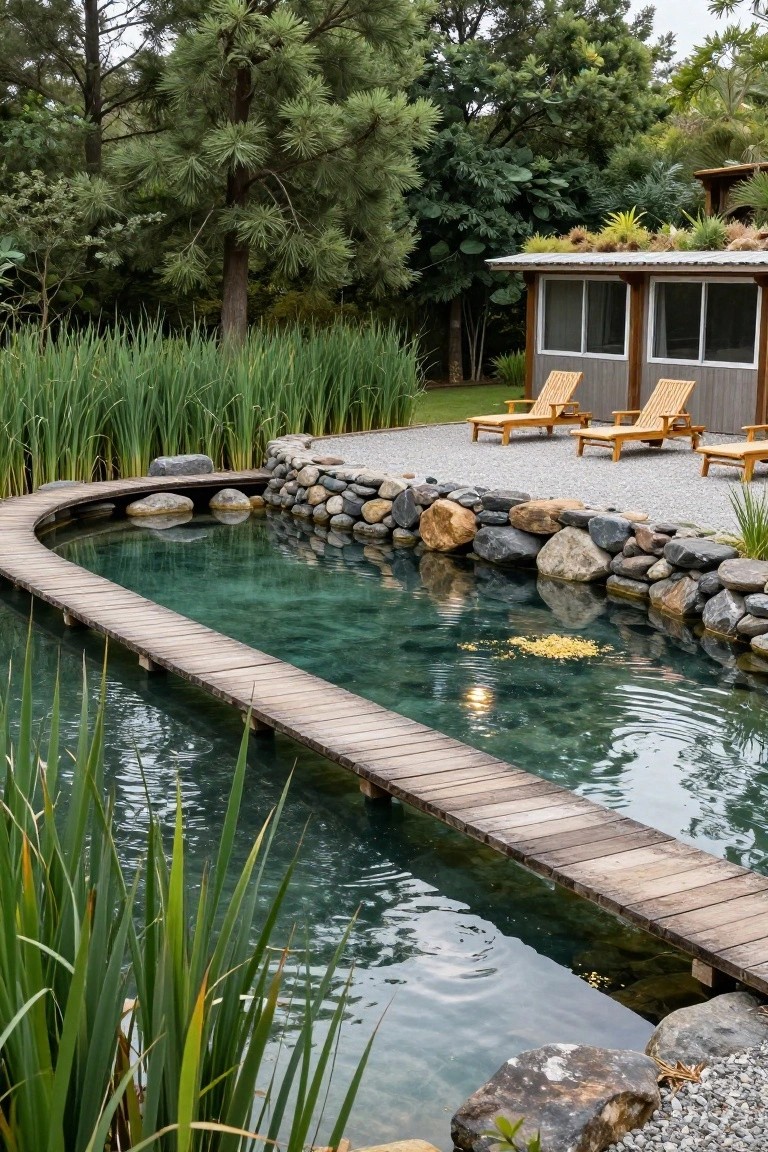 Curved wooden boardwalk over a narrow turquoise pool lined with rocks and reeds, adjacent gravel patio with wooden lounge chairs, small gray building, and surrounding trees and plants.