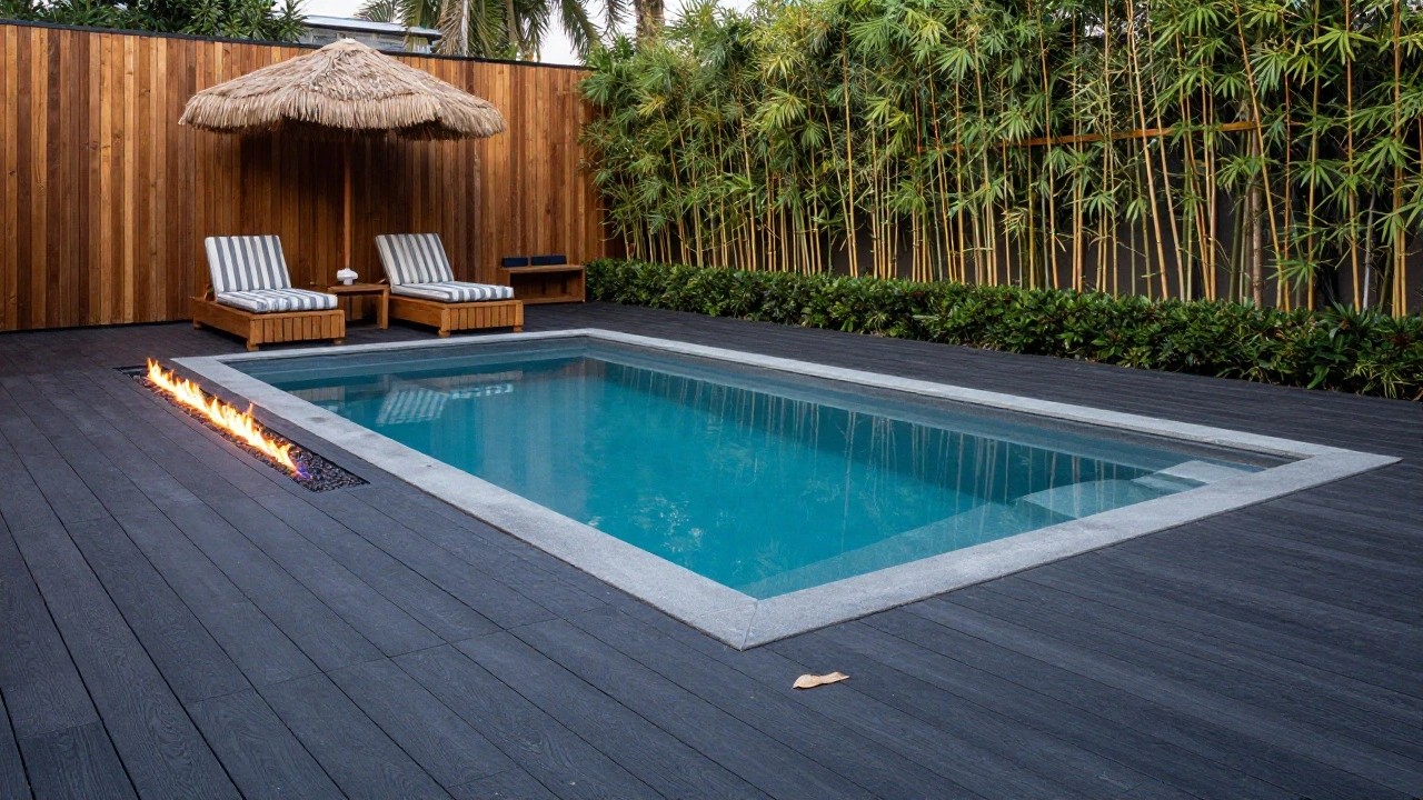 Pool deck with linear gas fire pit embedded along the dark stone edge next to turquoise water, two teak loungers with white and gray striped cushions, bamboo privacy screen in the background.