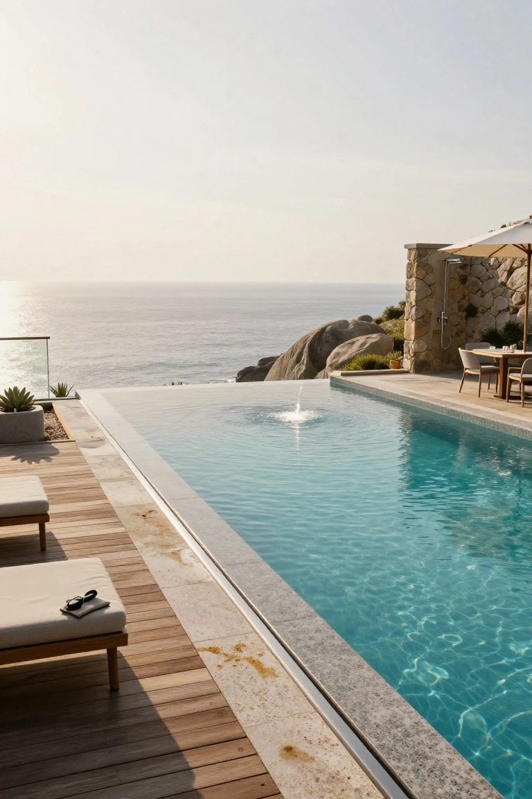 Cliffside infinity edge pool with turquoise water and fountain, wooden deck with loungers and sunglasses on cushions, dining table on stone terrace, plants in pots, and ocean horizon view.