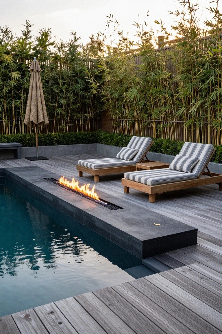 Pool deck with linear gas fire pit embedded along the dark stone edge next to turquoise water, two teak loungers with white and gray striped cushions, bamboo privacy screen in the background.