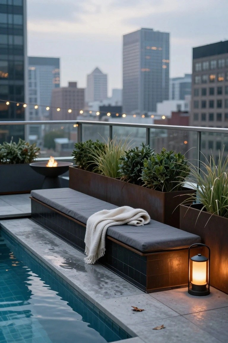 Rooftop terrace with a narrow turquoise pool next to a long black built-in bench with gray cushions and white throw blanket, corten steel planters filled with greenery, a black fire pit, hanging string lights, and a lantern beside the pool against a city skyline at dusk.