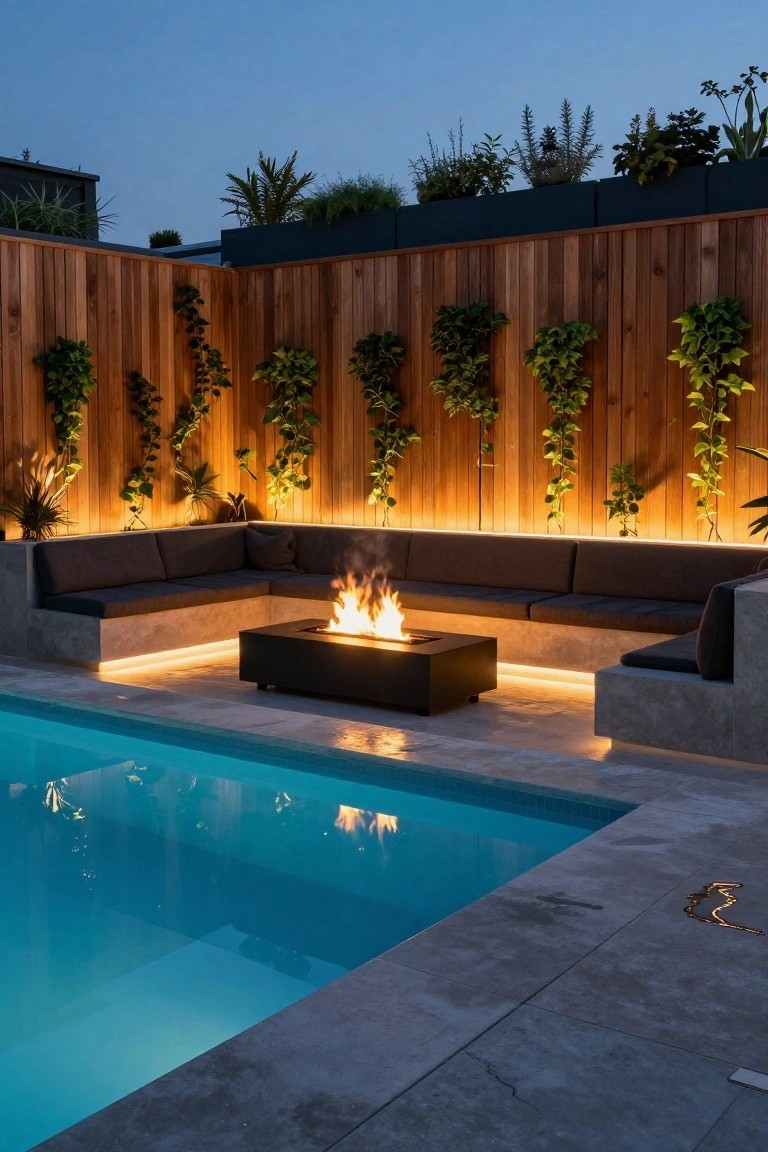 L-shaped built-in concrete bench with dark cushions surrounding a black rectangular fire pit next to a turquoise pool, with a wooden fence covered in climbing plants and LED strip lighting along the base.