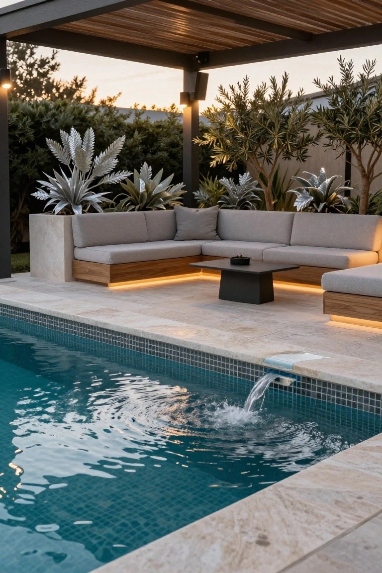 L-shaped gray outdoor sofa seating on wooden bases with LED underlighting under a slatted pergola next to a turquoise tiled pool with water feature on travertine deck surrounded by silver-leafed plants.