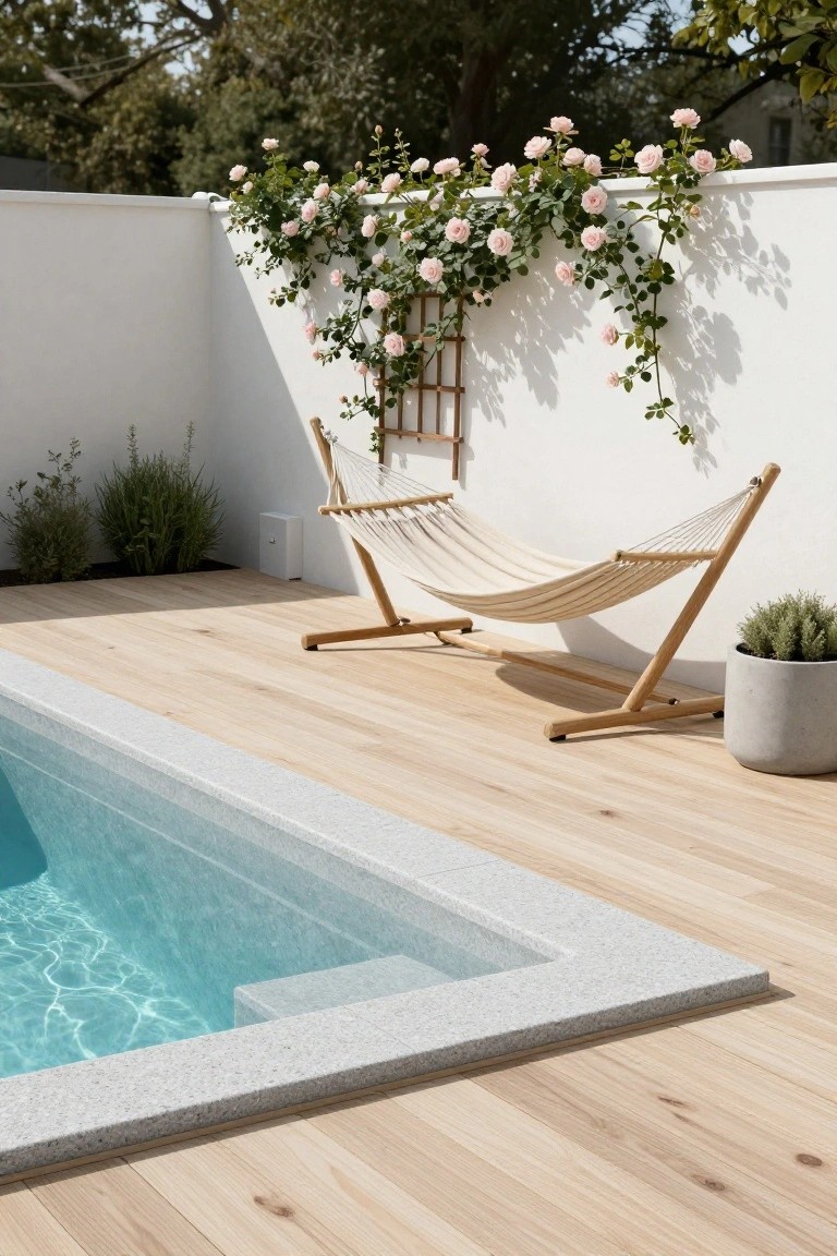 White hammock in a wooden freestanding stand on light wood decking next to a turquoise pool with white quartz edging, pink climbing roses on a white wall with trellis, and potted plants nearby.