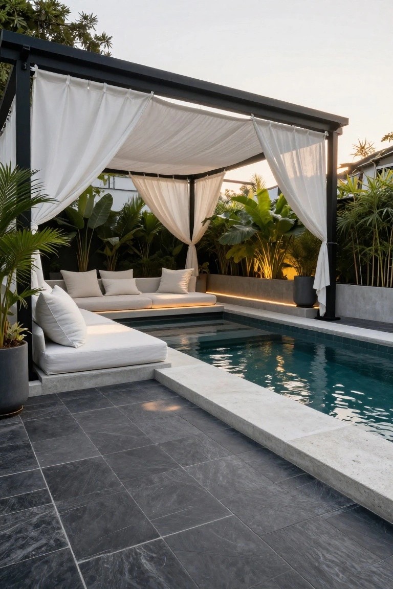 Black metal pergola with white draped curtains enclosing a low white sofa adjacent to a small rectangular turquoise plunge pool, surrounded by potted tropical plants on a dark tiled deck with concrete edging.