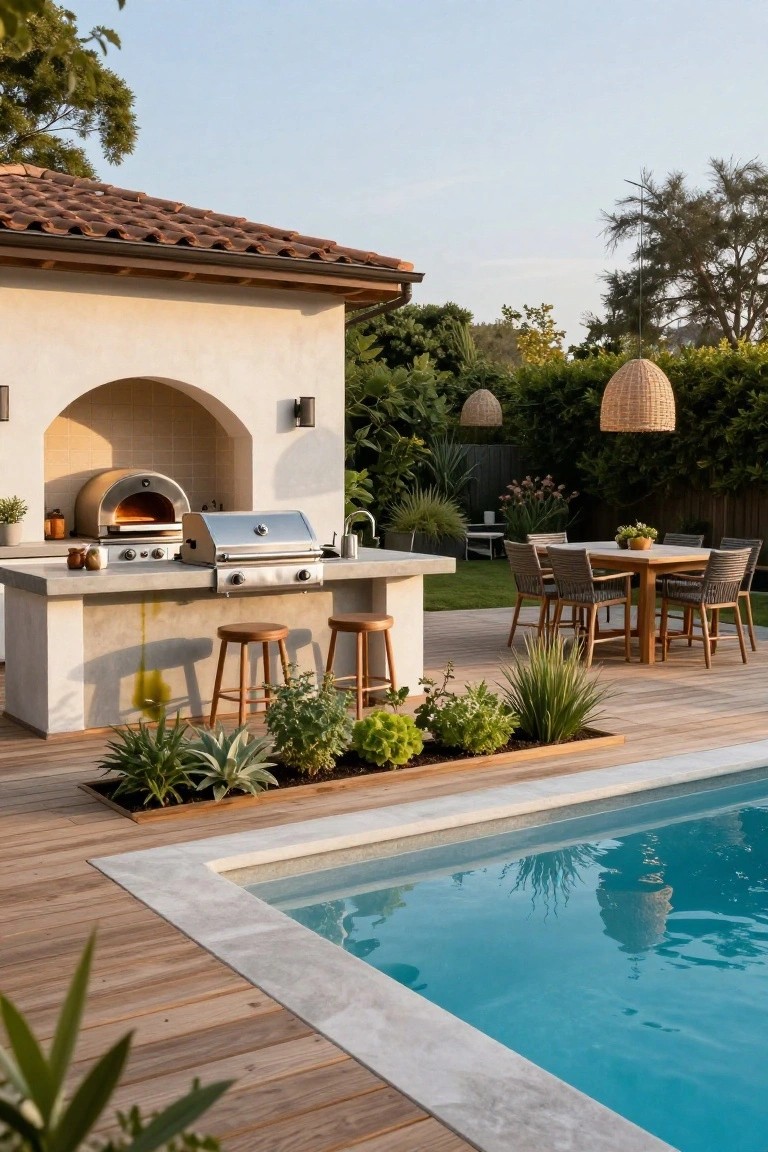 Outdoor kitchen built into a beige stucco wall with arched niche containing wood-fired pizza oven, stainless steel grill on concrete countertop with bar stools, potted plants, wooden deck, and edge of turquoise pool.