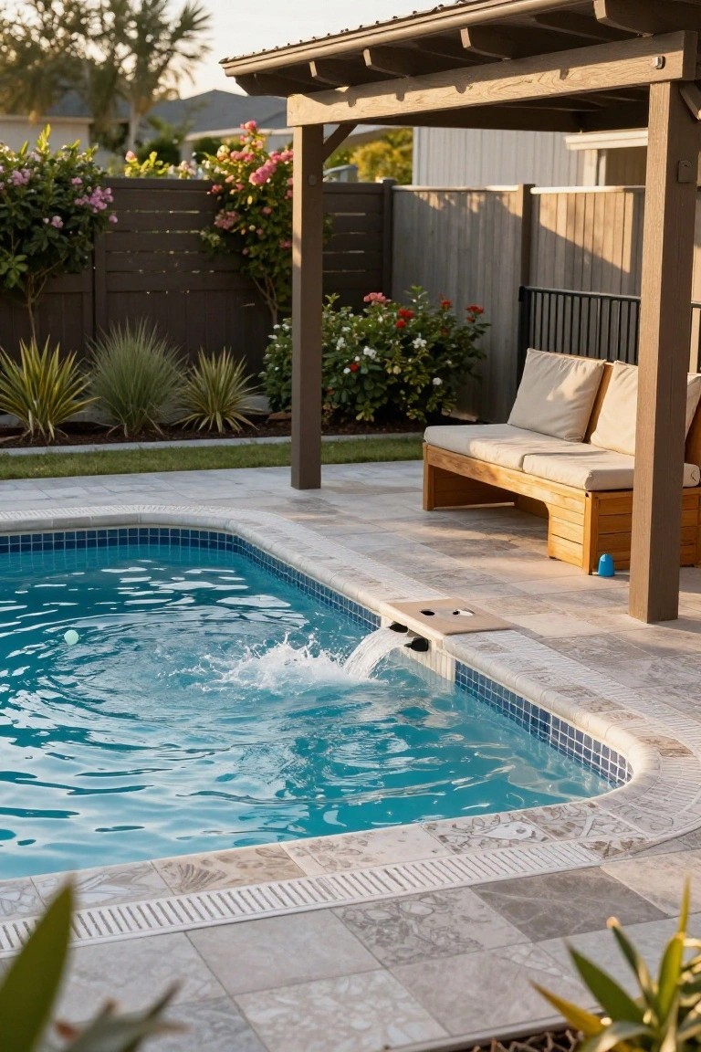 Backyard pool with blue mosaic tiles and waterfall feature, wooden bench with beige cushions under a covered pergola, surrounded by plants, fence, and pavers.