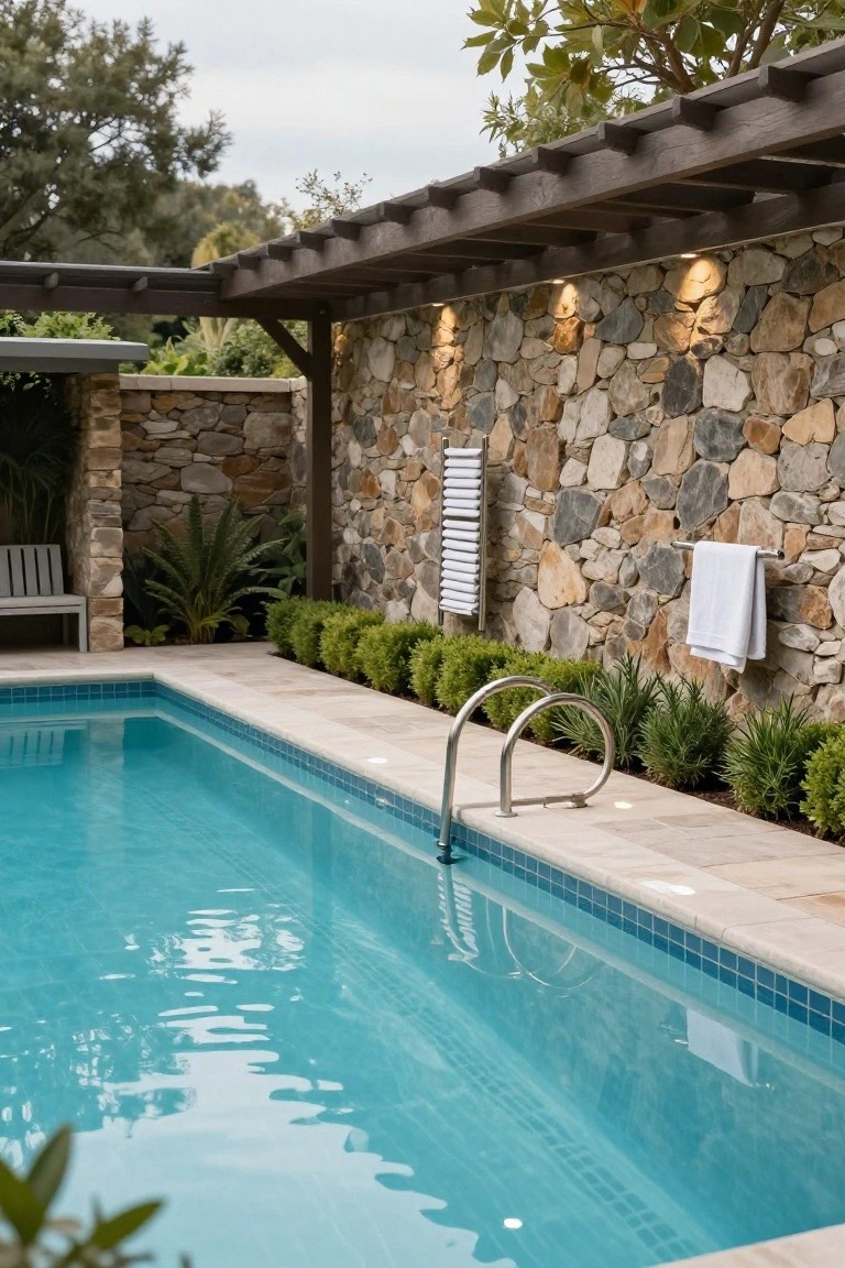 Rectangular blue-tiled swimming pool with stainless steel ladder, next to a textured natural stone wall featuring a heated towel rack with white towels and a hanging towel, surrounded by green plants and hedges under a wooden pergola structure.
