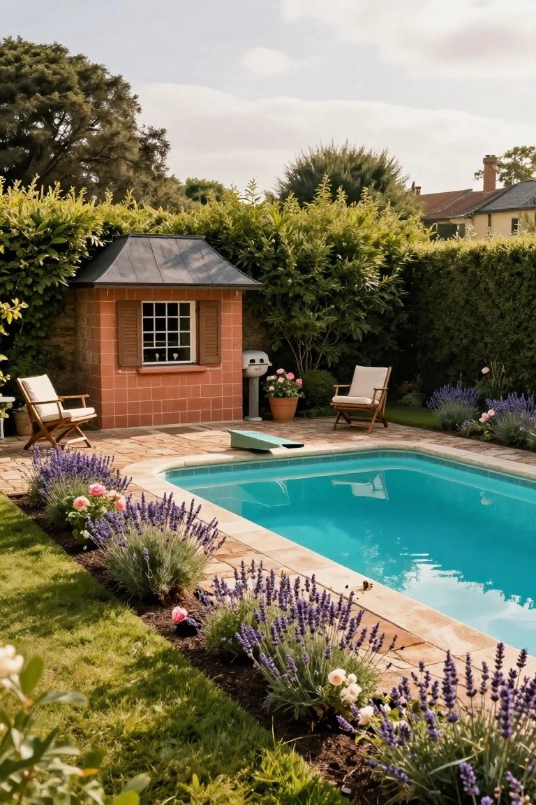 A turquoise pool with terracotta edging and lavender plant borders, next to a brick pool house with a dark sloped roof, shuttered window, and barbecue grill, flanked by two wooden lounge chairs on a paved terrace, surrounded by hedges and trees.