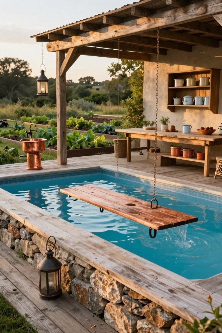 Rustic turquoise plunge pool with a wooden swing plank hanging over the water from chains, set in a wooden deck patio with stone walls, copper sink basin, outdoor table, and nearby raised garden beds under a pergola.