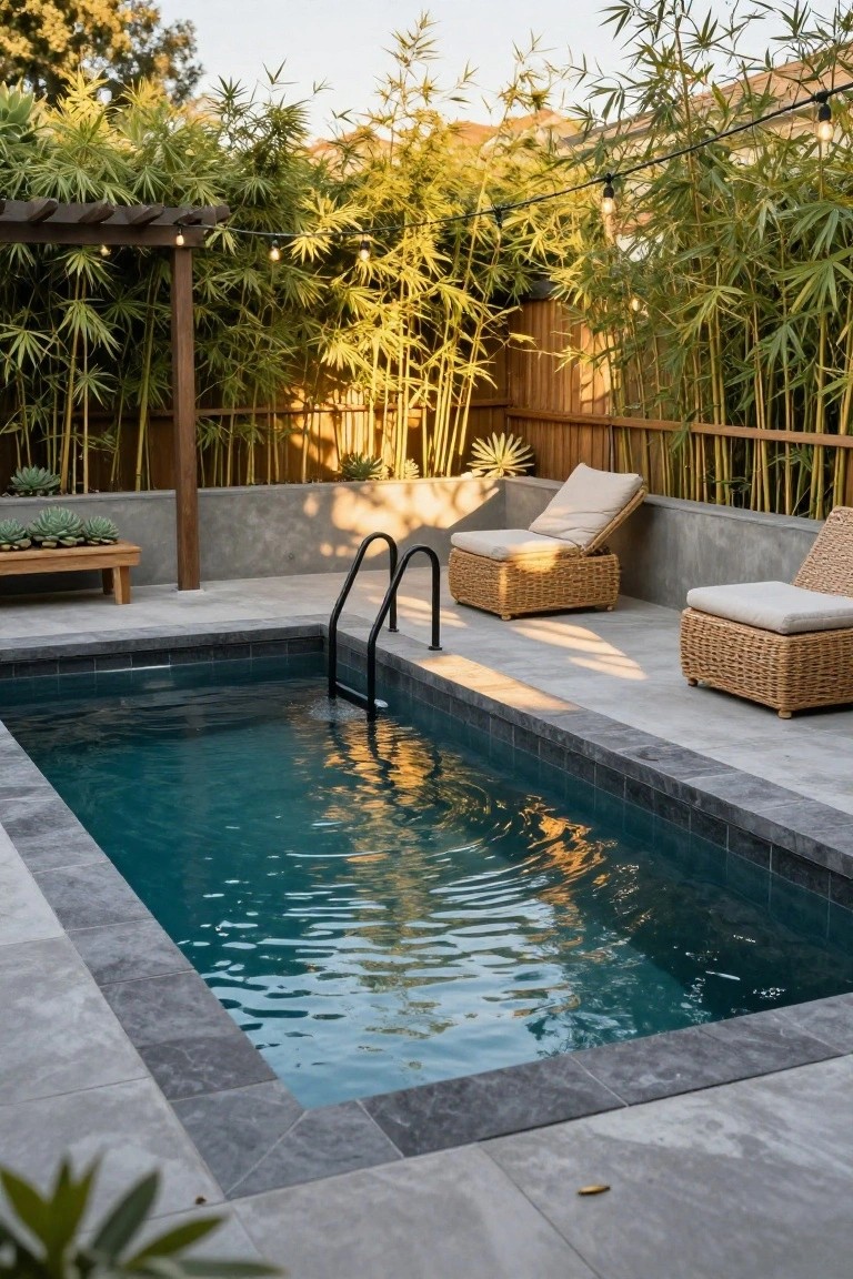 Small rectangular inground pool with black metal ladder, surrounded by dense bamboo plants along a wooden fence and pergola, with two rattan loungers on a gray tiled patio.