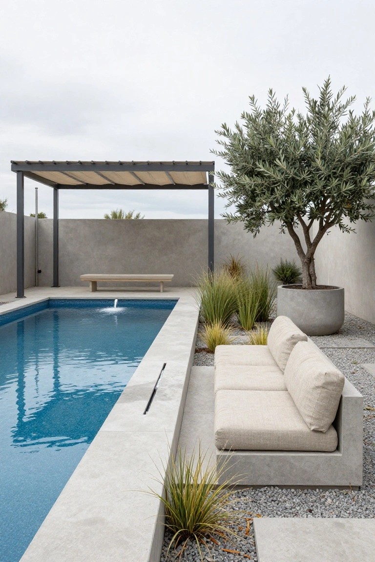 A modern rectangular inground pool with light blue water and a water jet, featuring a long built-in concrete bench with beige cushions along one edge, surrounded by gravel, ornamental grasses, a large potted olive tree, and a metal pergola with beige fabric shade against a concrete wall.