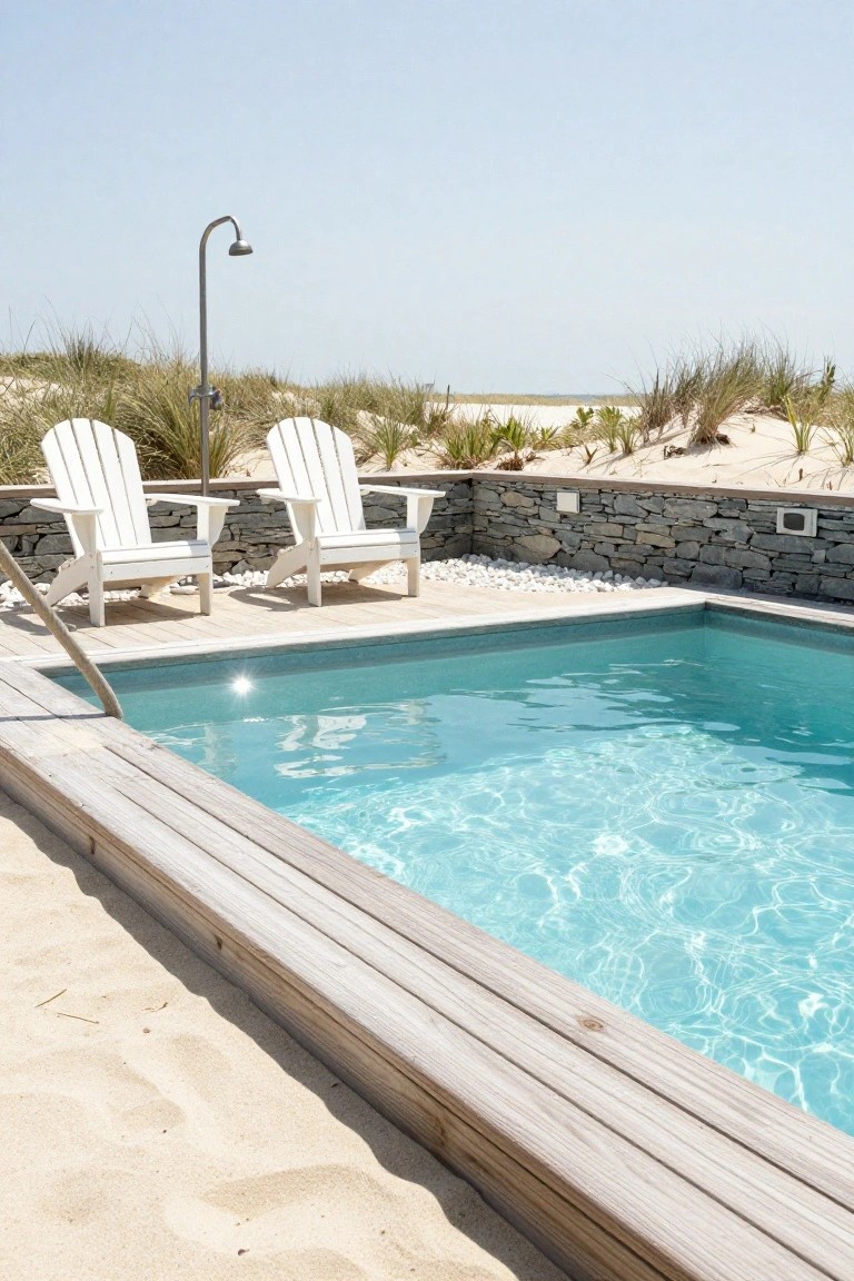 Two white Adirondack chairs on a wooden deck next to a small rectangular inground pool edged in wood, with a stone wall, pebbles, sand, dunes, and beach grass nearby, plus an outdoor shower pole.